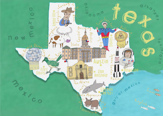 Illustrasjon av kart over Texas av kartkunstneren Carla Daly | Lerretsbilder