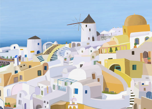 Santorini, gule og hvite greske bygninger av kunstneren Carla Daly | Lerretsbilder