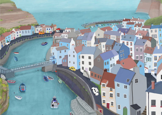 Luftfoto av Staithes, Storbritannia av kunstneren Carla Daly | Lerretsbilder