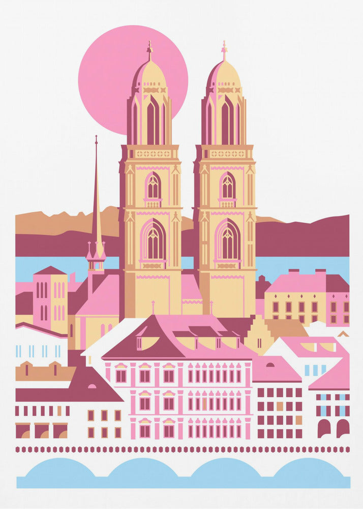 Ciudad de Zúrich, Suiza. Montañas suizas de verano. Ilustración de la ciudad. Vintage. Posters  - Impresiones de Arte | Impresiones en Lienzo