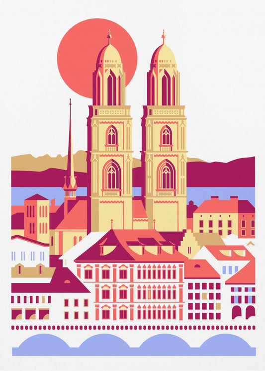 Miasto Zurych Szwajcaria Szwajcarskie Lato Góry Miasto Ilustracja Vintage Plakaty - Wydruki Artystyczne | Wydruki na łótnie