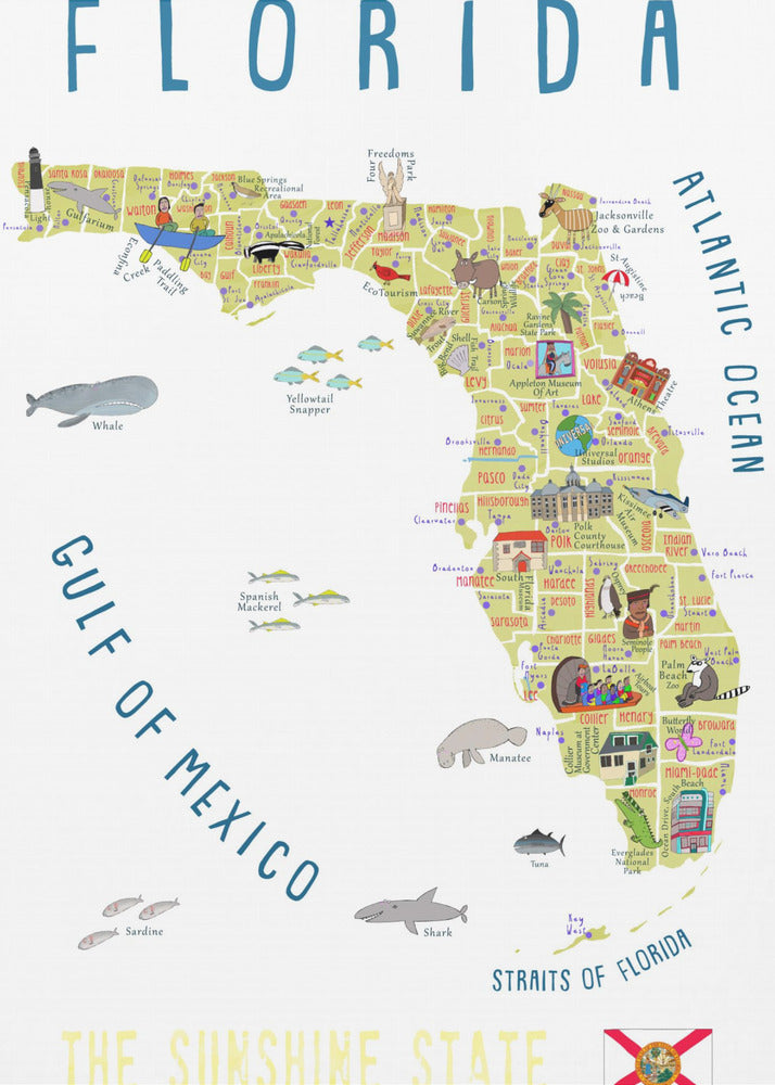 Carte illustrée de la Floride par l'artiste Carla Daly | Tableaux sur Toile