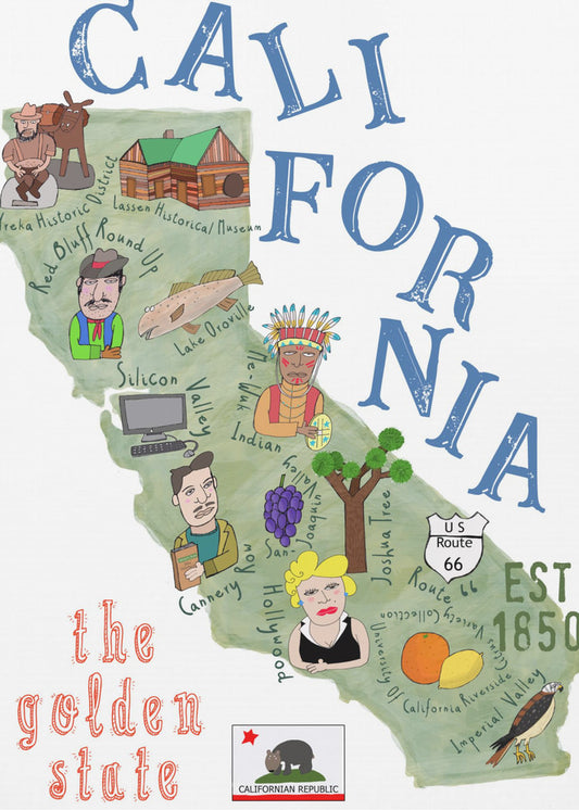 Geïllustreerde kaart van Californië met staatsiconen door Carla Daly | Canvasprints