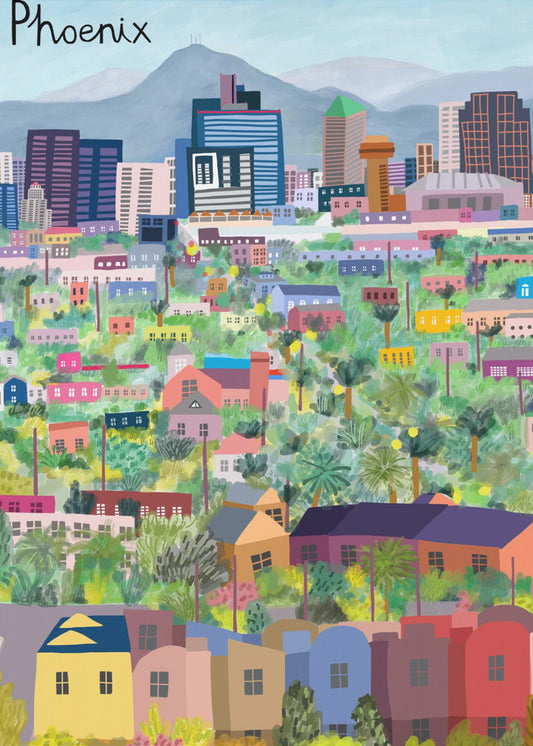 Uitzicht over Phoenix, Arizona, geïllustreerd door kunstenaar Carla Daly | Canvasprints