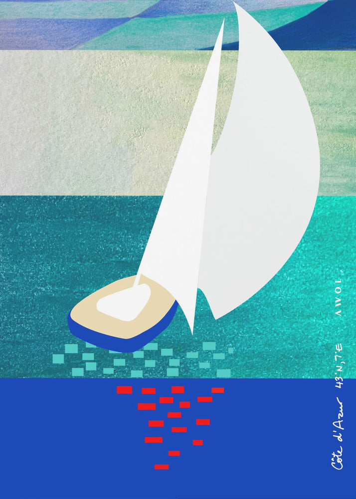 Voilier blanc sur la Côte d'Azur avec reflets sur la mer | Tableaux sur Toile