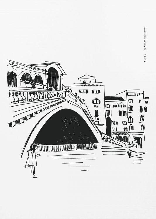 Most Rialto, Wenecja, ilustracja, wydruk artystyczny przedstawiający miasto we Włoszech | Wydruki na łótnie